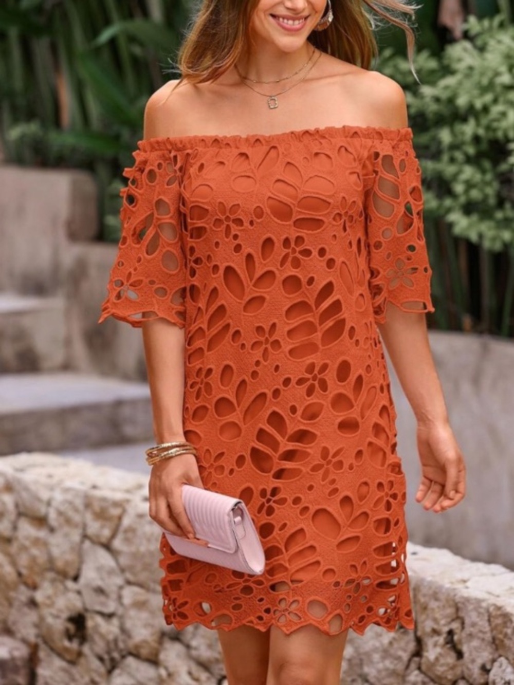Auburn Orange Lace Cutout Off-Shoulder Dress